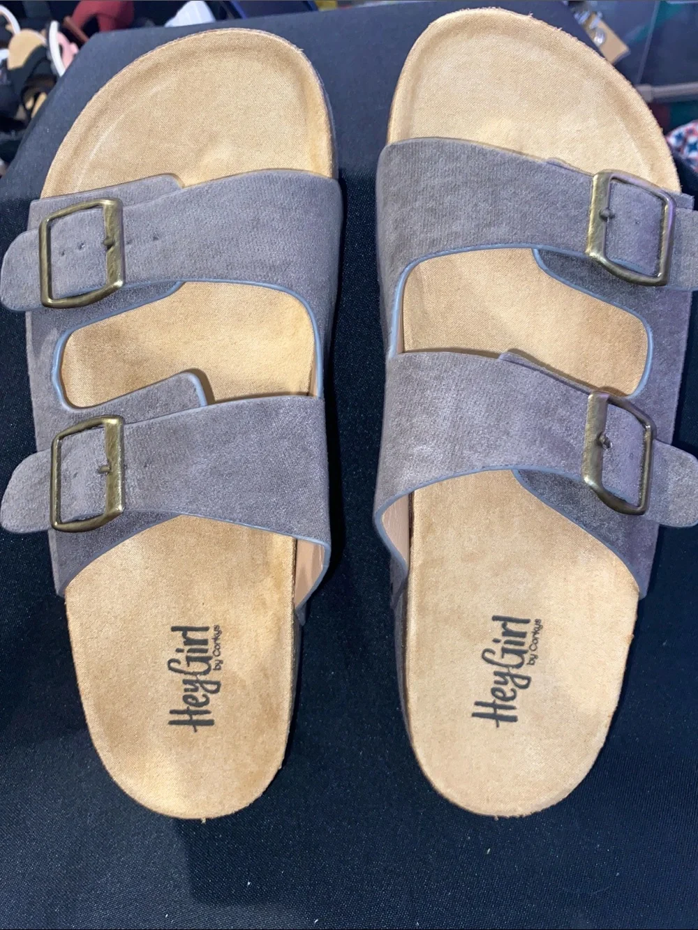 HEY GIRL BY CORKYS WANNABE WO SIZE 11 GRAY FAUX SUEDE SLIP ON WEDGE SANDAL